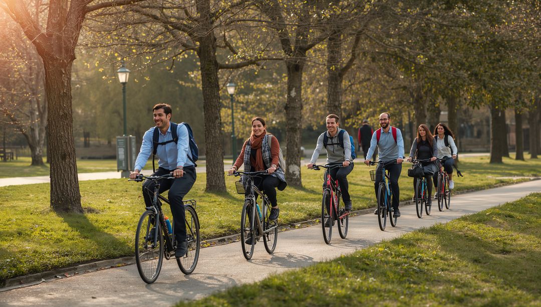 Group of Cyclists on Tree-Lined Path Enjoying Nature