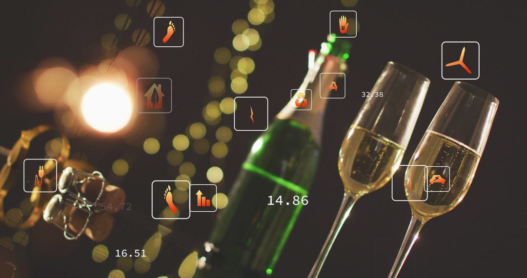Champagne bottle popping with two flutes toasting in warm bokeh celebration overlay