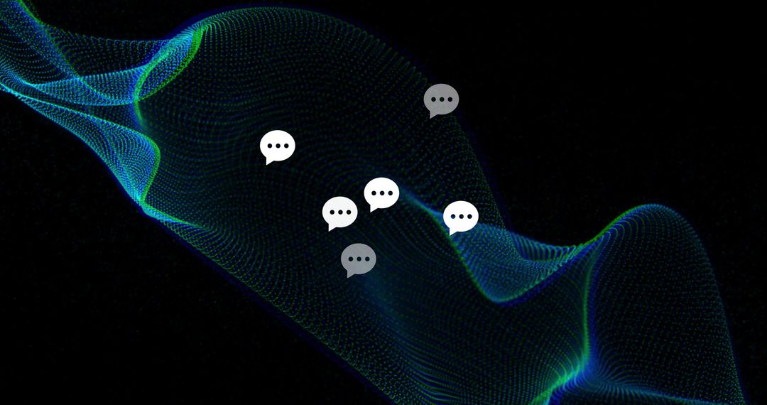 Flowing neon data wave glowing with floating chat bubbles signaling real-time digital conversation