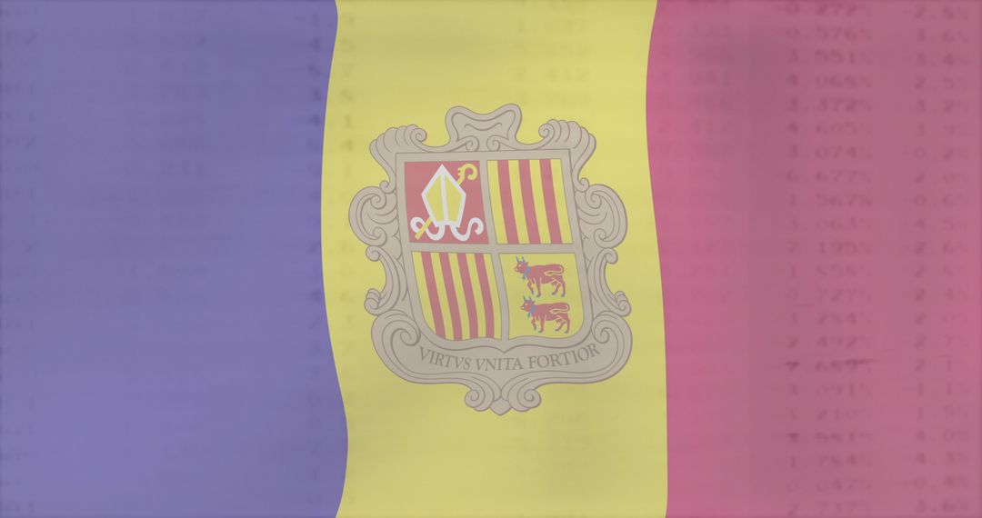 Waving Andorra flag displaying coat of arms and motto Virtus Unita Fortior on tricolor banner