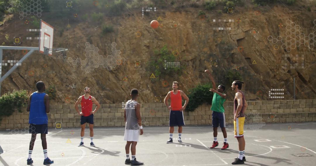 Outdoor Basketball Game with Data Visualization Overlay