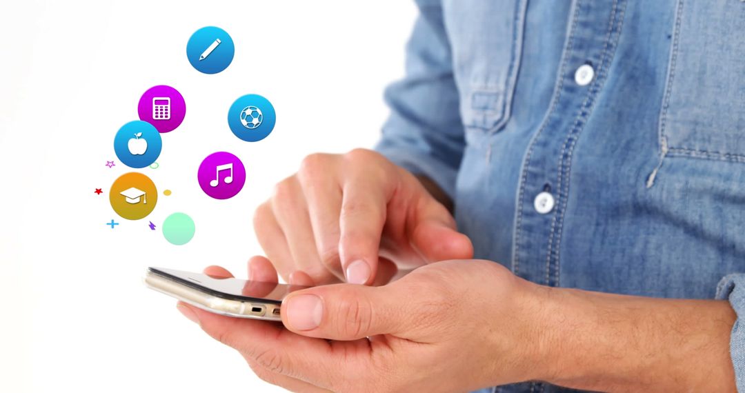 Man Illustrates Digital Connectivity with Smartphone and Colorful Icons