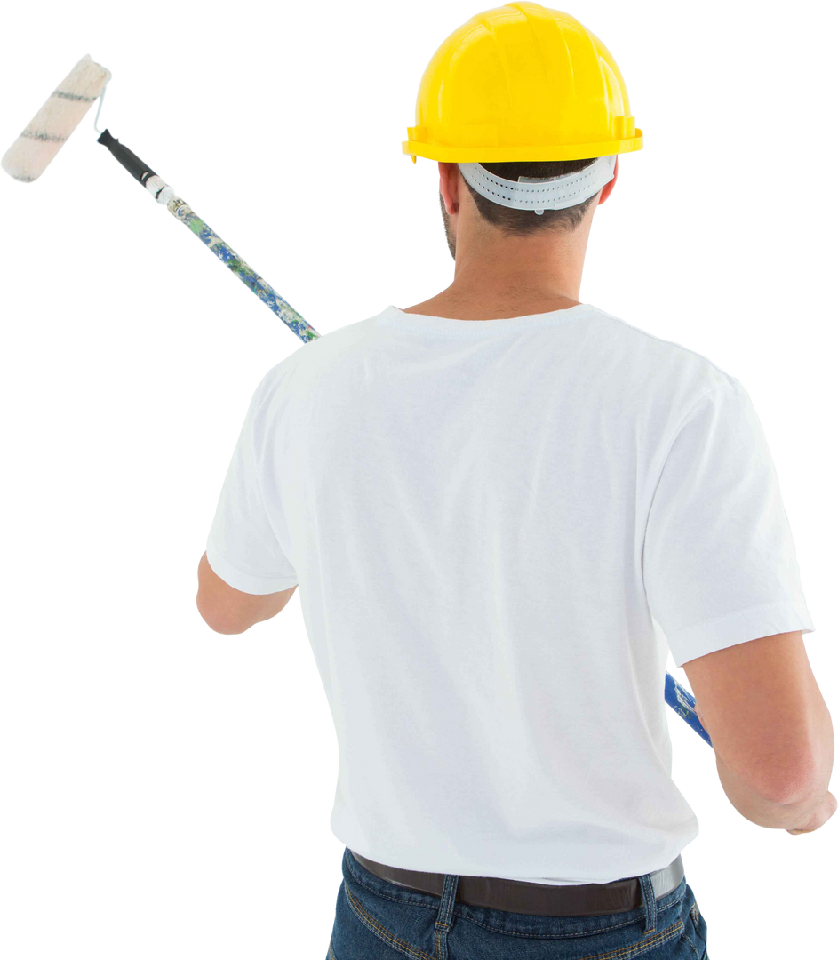 Rear View of Man with Hard Hat Using Paint Roller in Transparency - Download Free Stock Images Pikwizard.com