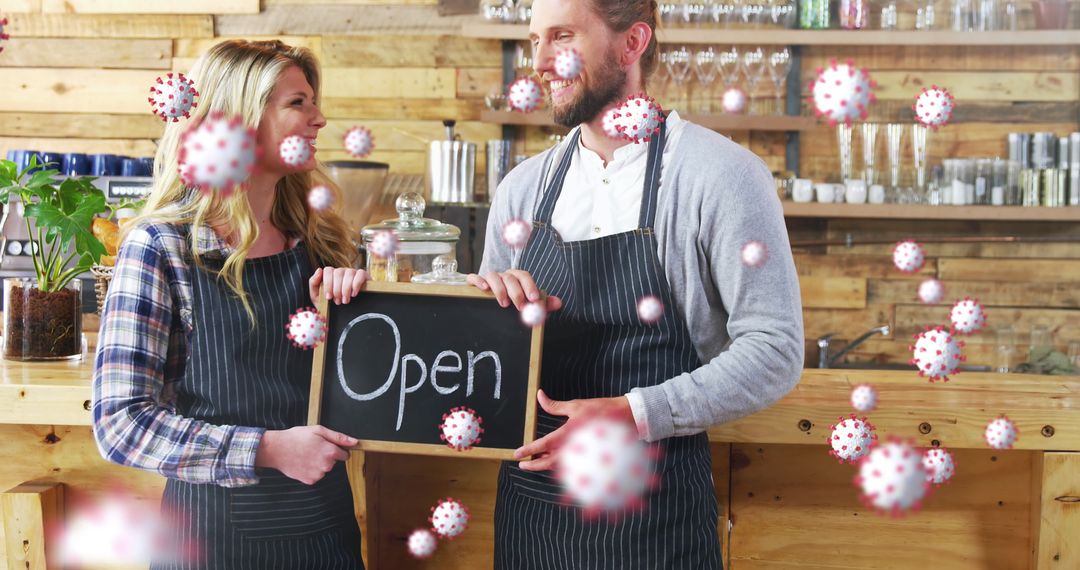 Cafe Owners with Open Sign Surrounded by Virus Illustrations