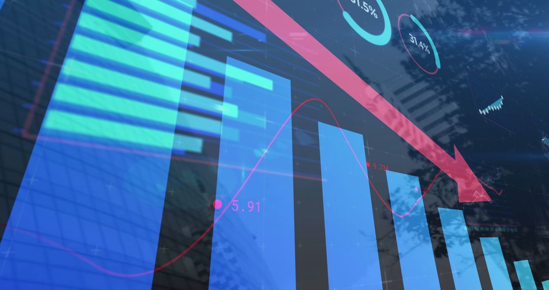 Digital Financial Downtrend with Cityscape and Red Arrow