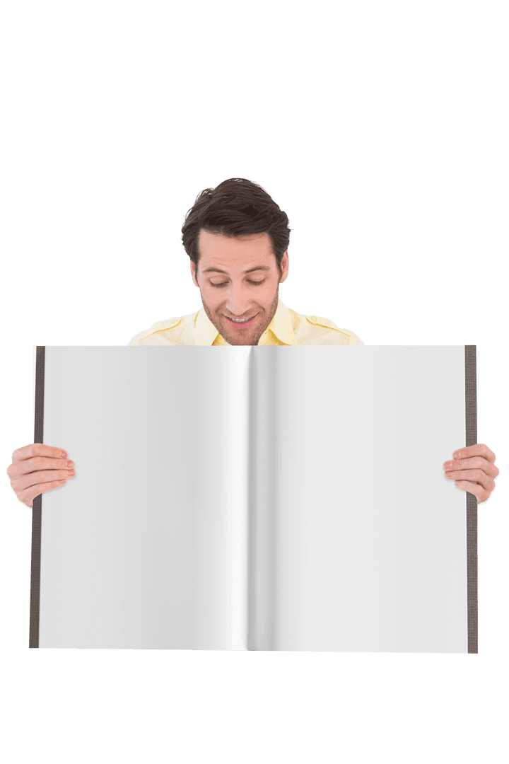 Happy Man Holding Large Book with Transparent Background