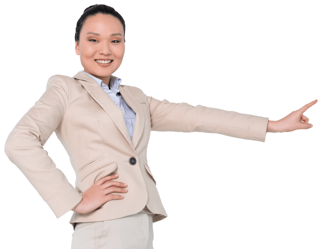 Businesswoman in Beige Suit Interacting with Virtual Screen on Transparent Background
