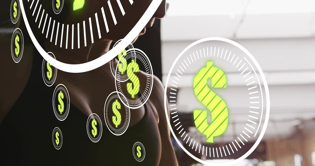 Female Athlete Training with Dollar HUD Showing Fitness Progress and Revenue Metrics