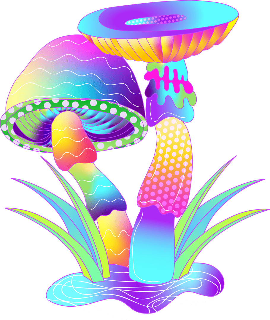 Transparent Psychedelic Mushrooms Glowing with Vibrant Neon Colors