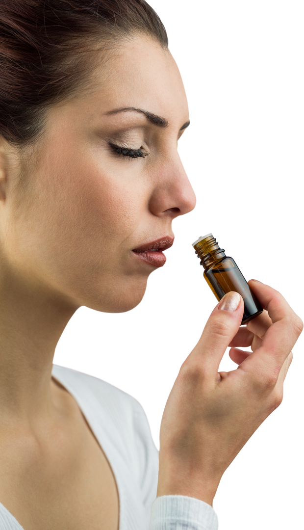 Woman Smelling Medicine Bottle with Eyes Closed on Transparent Background - Download Free Stock Images Pikwizard.com