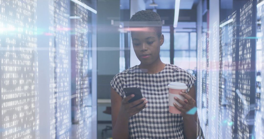 Technological Journey: Woman with Smartphone and Coffee in Server Room