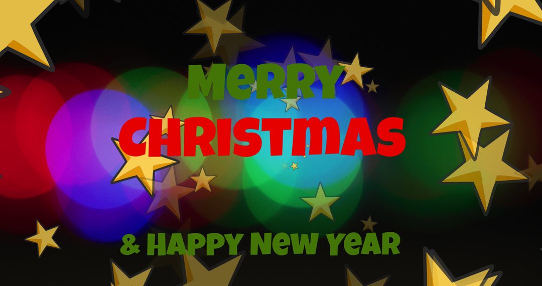 Festive Merry Christmas Text with Stars and Colored Lights