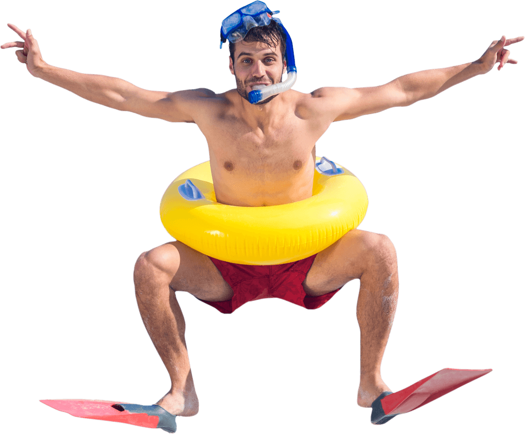 Joyful Man Ready for Underwater Adventure on Transparent Background