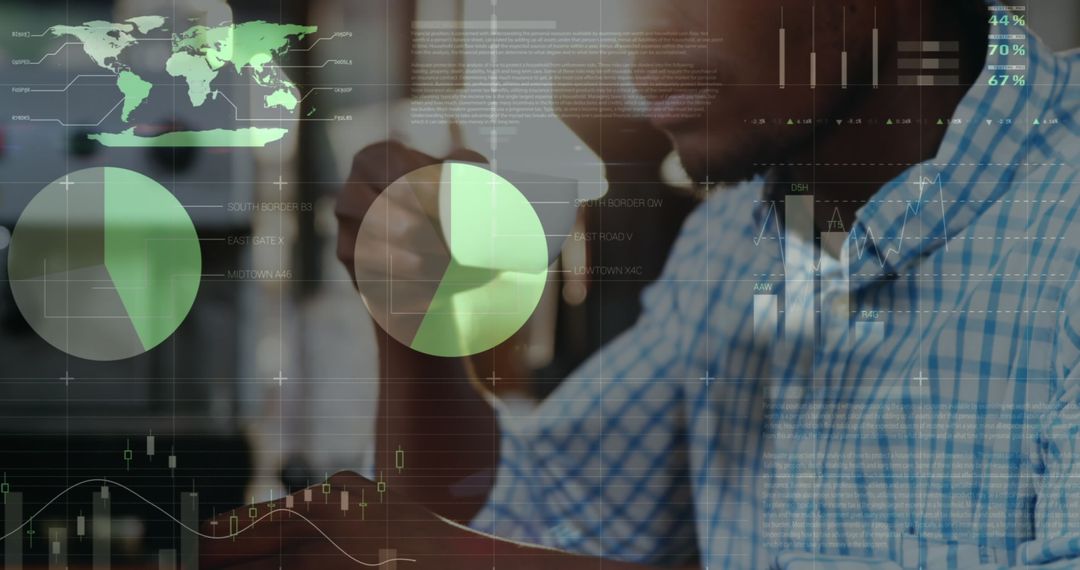 Businessman Analyzing Global Data on Smartphone with Virtual Graphs