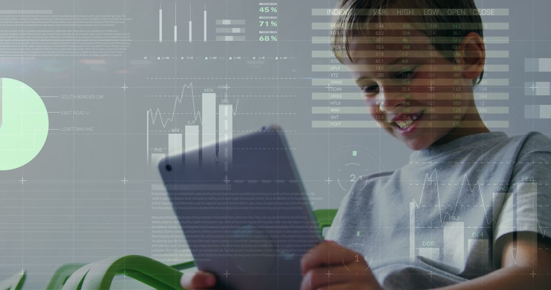 Smiling Boy Engaging with Digital Data on Tablet Interface