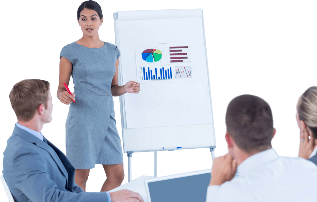 Transparent Businesswoman Presenting Charts to Team