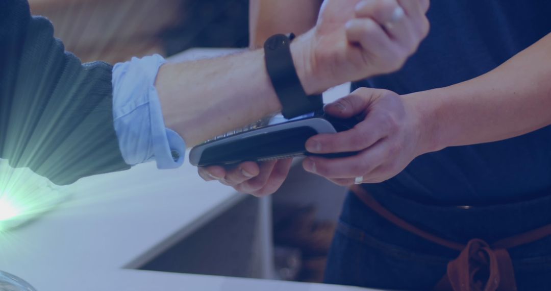 Caucasian Man Making Contactless Payment with Smartwatch Device