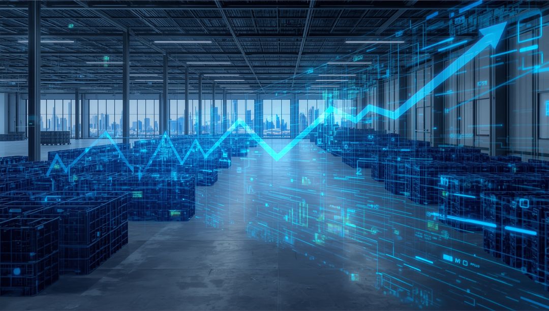 Futuristic Warehouse with Rising Graph Hologram and Stacked Crates