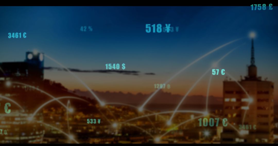 Futuristic Skyline with Digital Currency Network at Dusk
