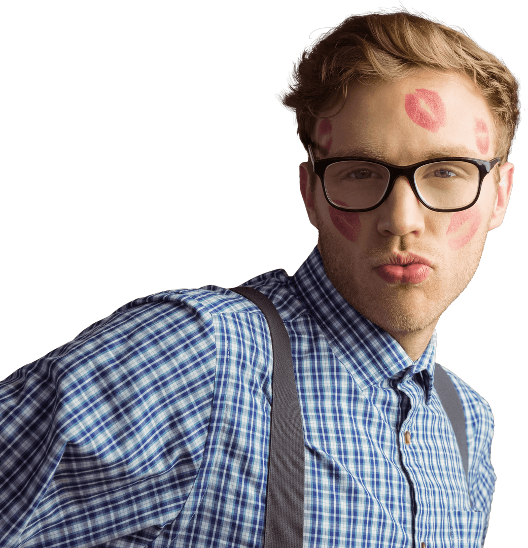 Quirky Hipster with Kiss Marks Transparent Background