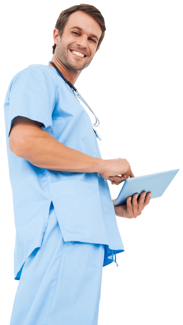 Transparent Confident Surgeon Engaging with Digital Tablet in Hospital