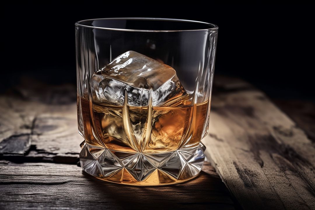 Classic Whiskey Glass with Single Ice Cube on Rustic Wood