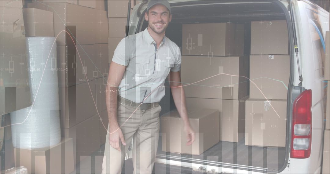 Smiling Deliveryman Loading Van with Boxes and Digital Graph Overlay - Free Images, Stock Photos and Pictures on Pikwizard.com