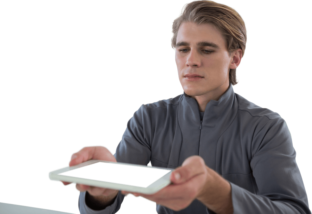 Young Businessman Displaying Digital Tablet on Transparent Background