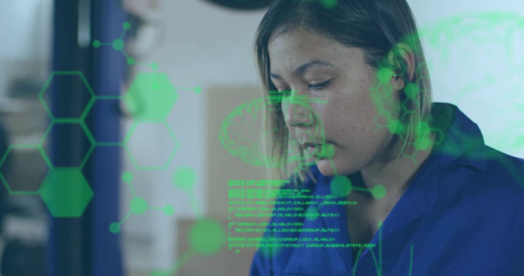 Female Technician Using Augmented Reality Interface with Green Holographic Data Overlay in Lab