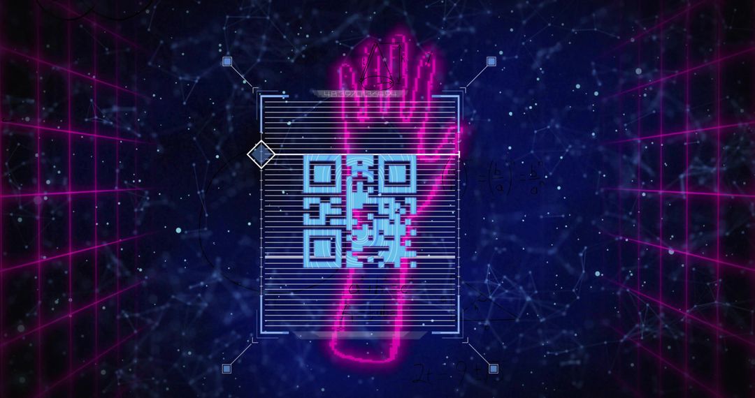Futuristic Neon Hand and QR Code Interface in Digital Gridscape