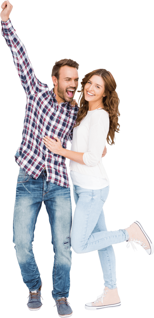 Transparent Happy Young Couple Embracing and Celebrating with Joy