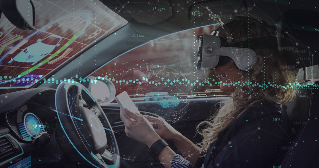 Woman Using VR Headset in Autonomous Car Cabin with Holographic HUD and Mobile Control