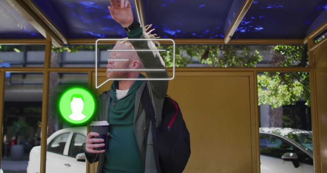 Casual Man Waiting at Bus Stop with Chat Icon Overlay