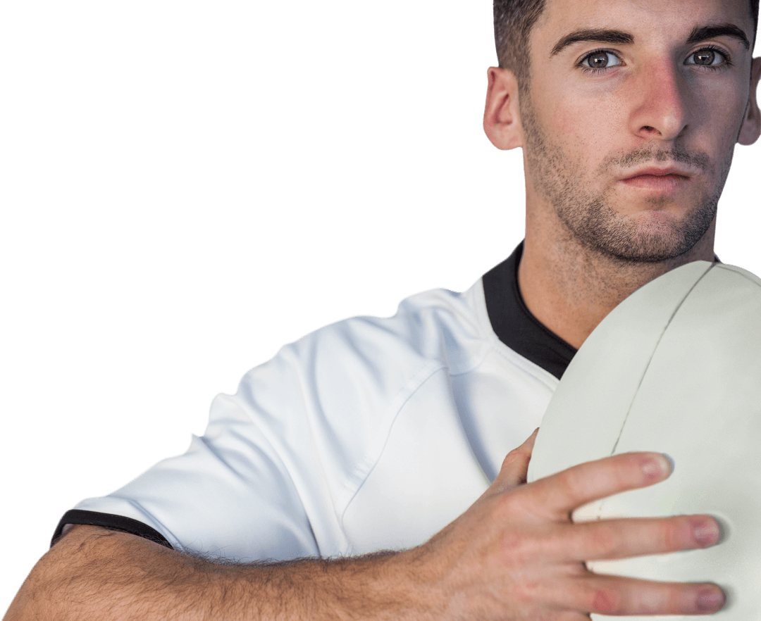 Transparent Portrait Featuring Determined Rugby Player Holding Ball in Hands