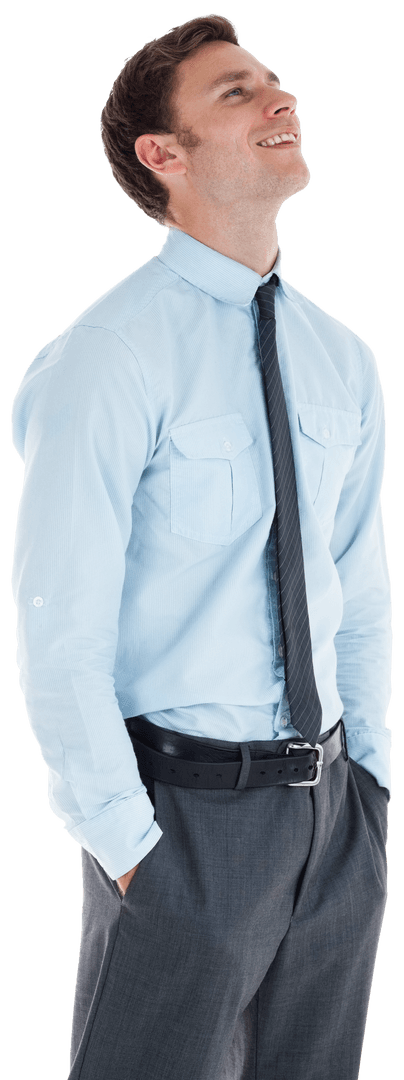 Transparent Smiling Businessman Hands Positively in Pockets