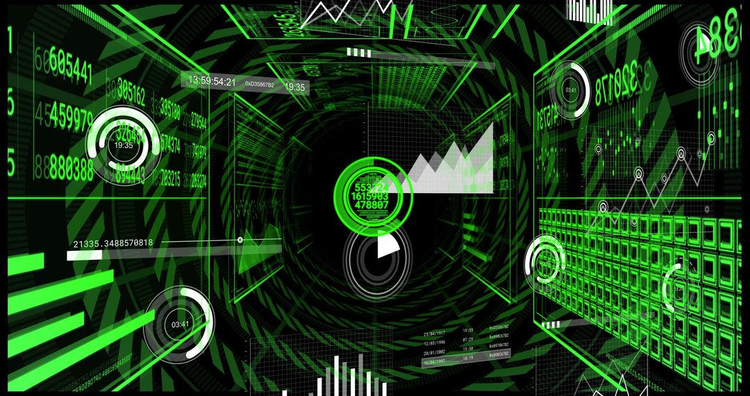 Virtual Interface in Neon Cyber Tunnel Displaying Data Visualization