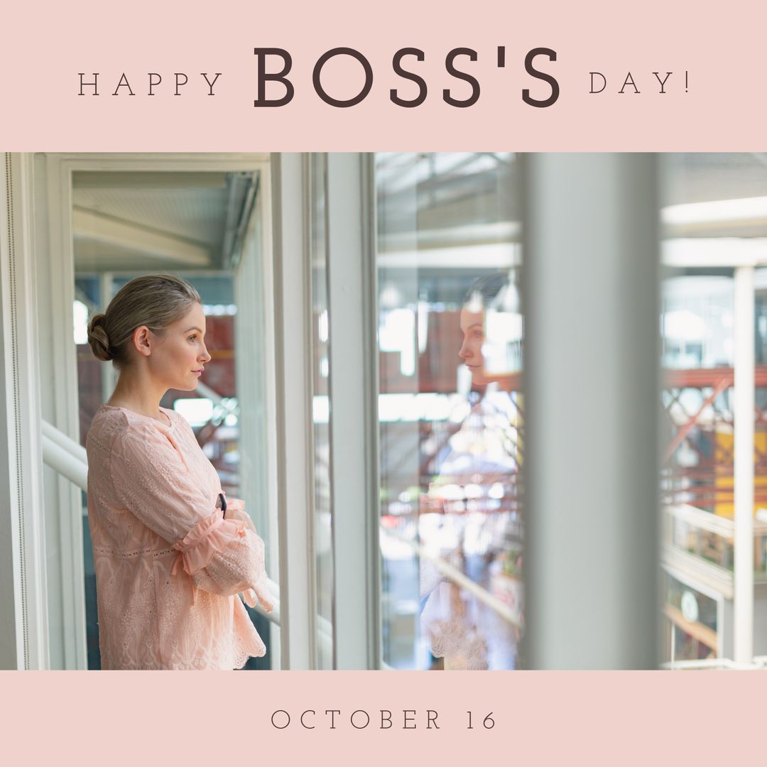 Woman Celebrating Boss’s Day in Office with Reflective Gaze