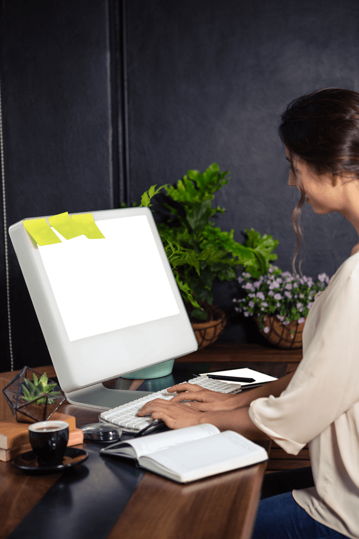 Transparent Computer Screen Business Workspace with Plants