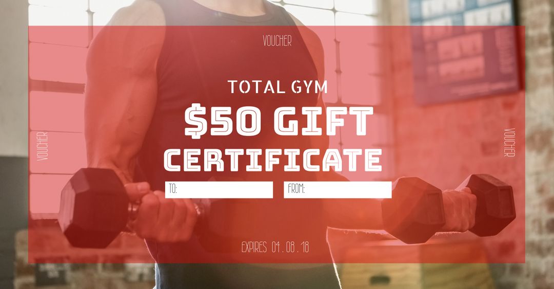 Fitness gift certificate featuring weightlifter showcasing strength