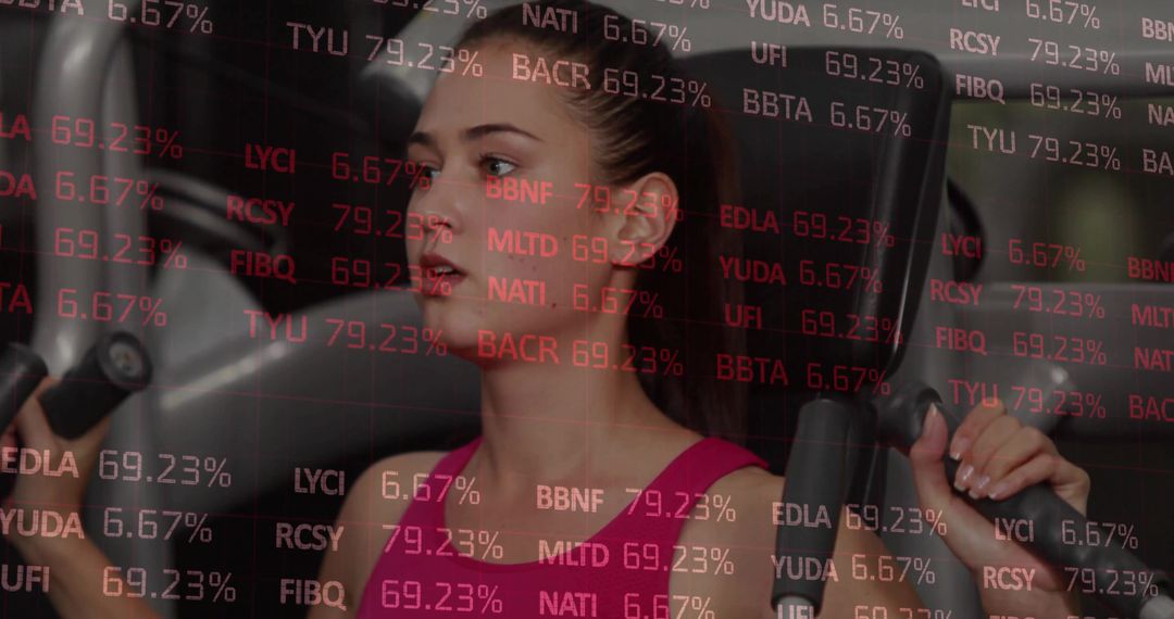 Female Exercising on Weight Machine with Financial Data Overlay