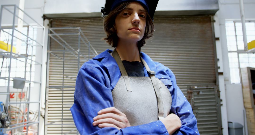 Confident Worker Wearing Blue Protective Suit in Industrial Workshop - Free Images, Stock Photos and Pictures on Pikwizard.com