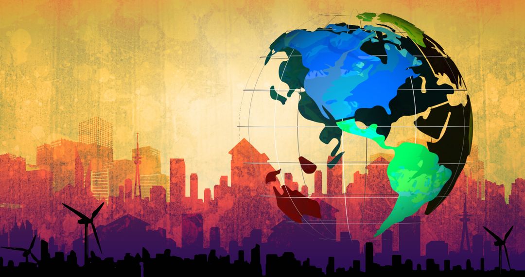 Vibrant Globe with Cityscape and Wind Turbines