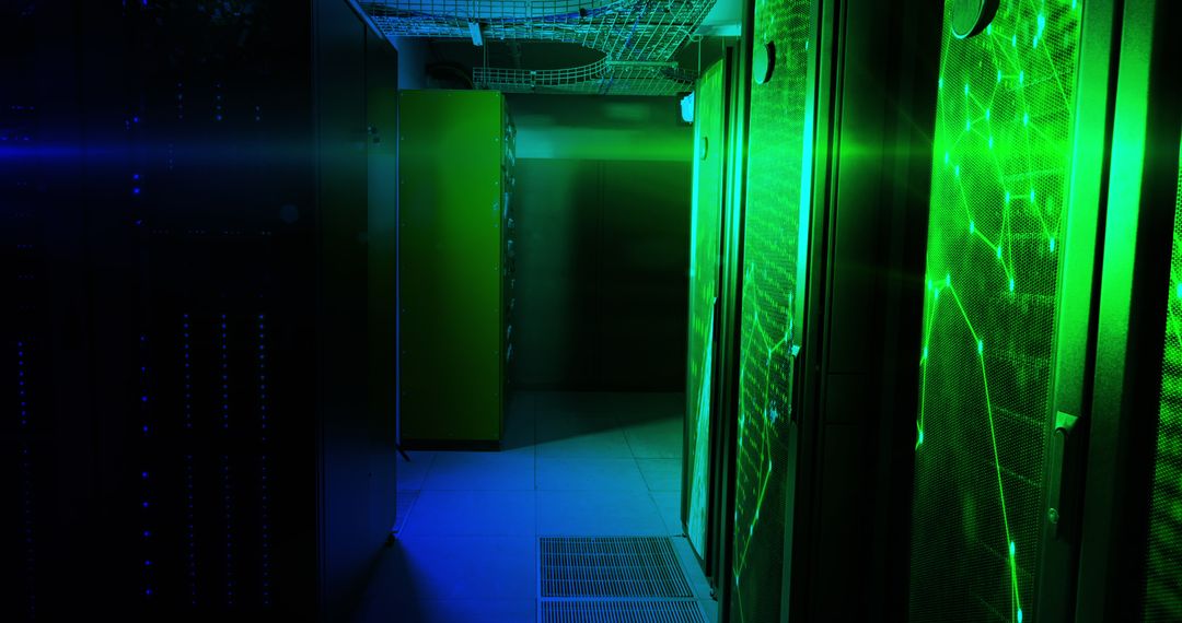 Illuminated Server Room with Futuristic Light Effects