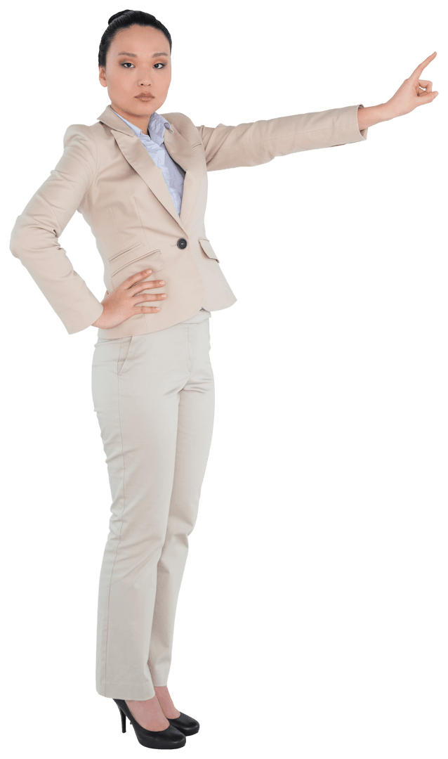 Transparent Businesswoman Pointing at Virtual Display Isolated
