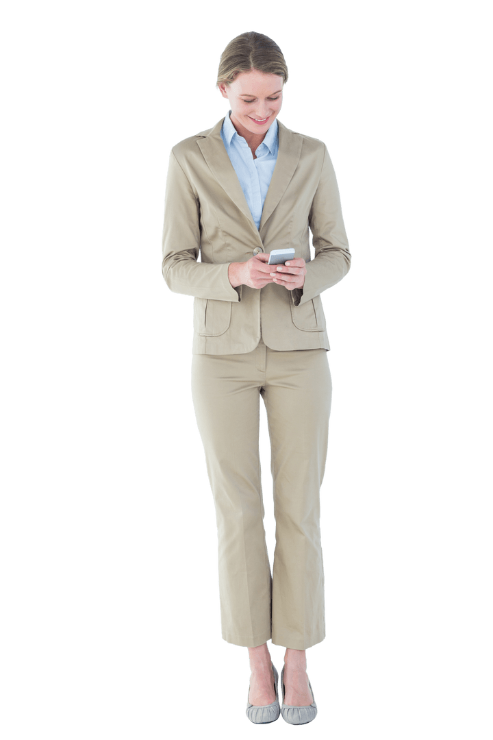 Transparent Businesswoman Using Smartphone in Professional Attire