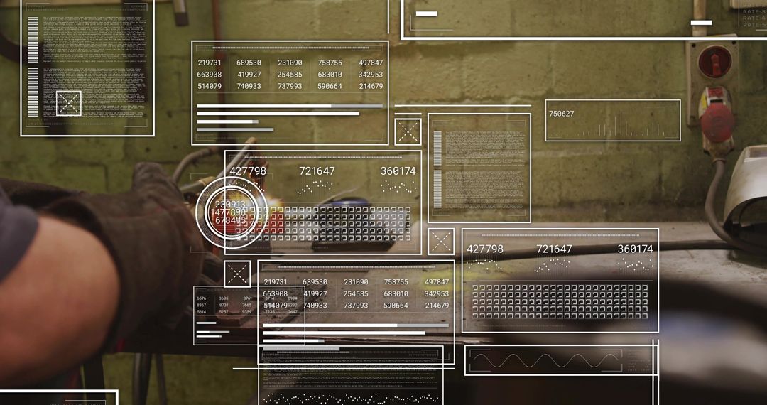 Gloved Technician Adjusting Metal Part on Workbench with Industrial AR Readouts
