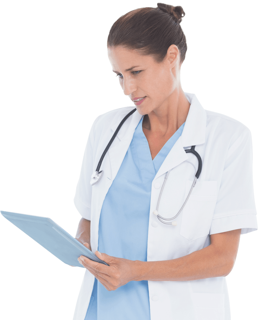Professional Female Doctor Using Transparent Digital Tablet