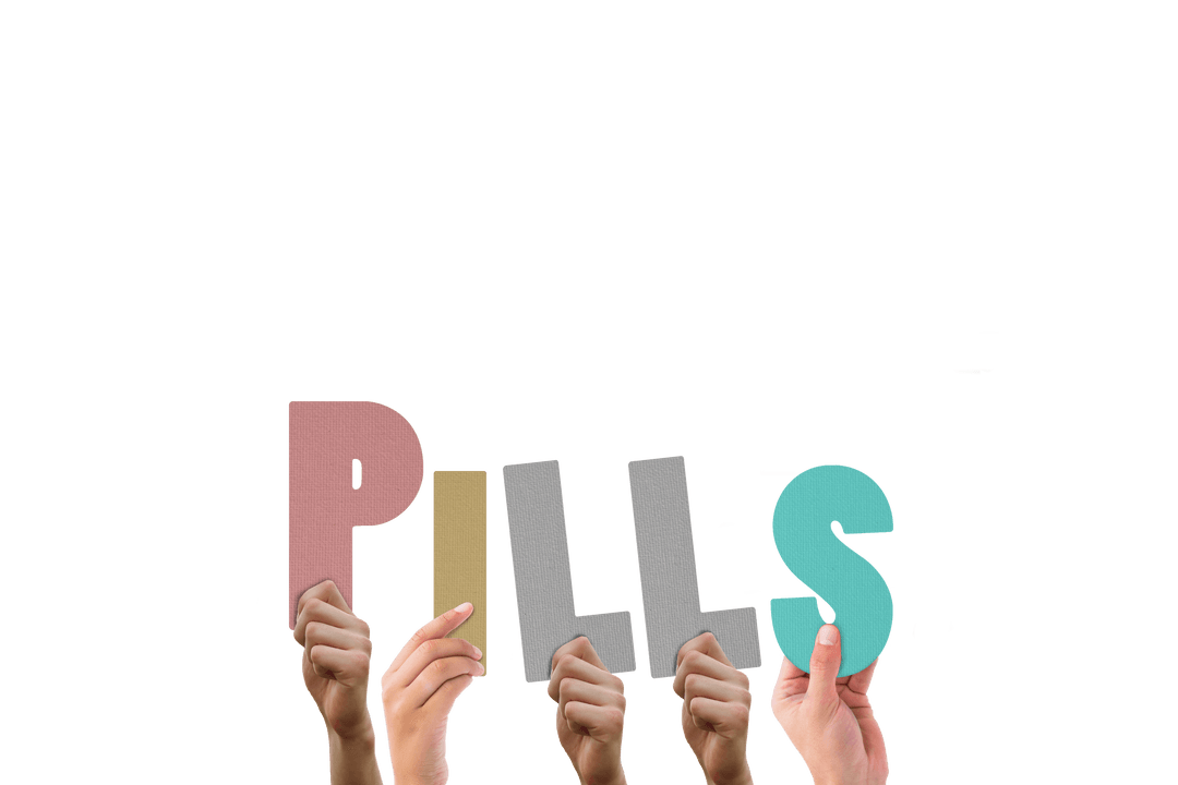 Transparent Hands Holding Bold PILLS Letters