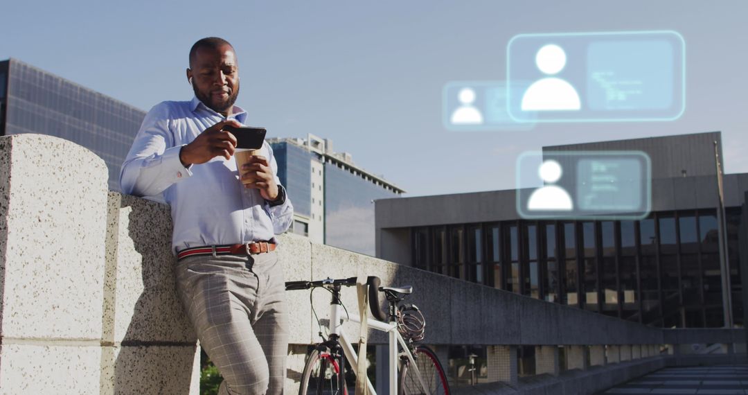 African American Professional Using Smartphone with Digital Interface