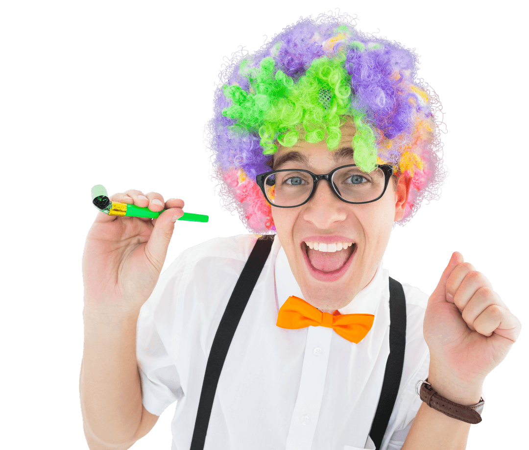 Transparent Geeky Hipster With Rainbow Wig Holding Party Horn